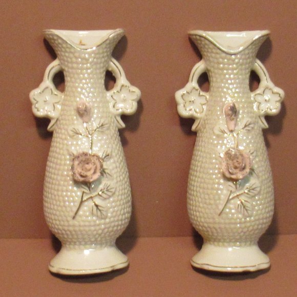 MCM 2 Iridescent Wall Pocket Sconces Vases Roses
